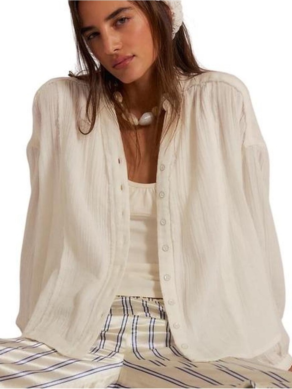 Free People Cream Lightweight Ruffle Blouse